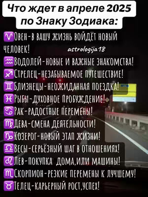The image is a vertical graphic with a dark background, featuring text in white and purple fonts. The central focus is a list titled 'Что ждет в апреле 2025 по Знаку Зодиака:' (What awaits in April 2025 by Zodiac Sign). Each line lists a zodiac sign and a prediction. The zodiac symbols are placed to the left of each prediction, with the creator's name at the bottom of the text. The background suggests it's possibly captured from a car's perspective at night, with lights blurring out.