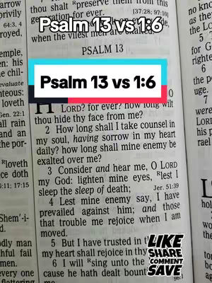 The image is a close-up view of an open book with text from Psalm 13. A rectangular text overlay at the top reads "Psalm 13 vs 1:6". The page is yellowed, suggesting age. In the bottom right corner are icons for "Like", "Share", "Comment", and "Save".