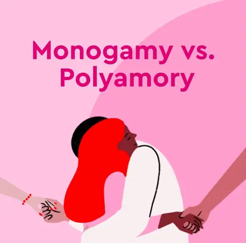 An illustrated image with a light pink background overlaid with the text 'Monogamy vs. Polyamory' in a dark pink font. The image depicts three individuals connecting, one is embraced by another two to show the contrast between monogamous and polyamorous relationships.