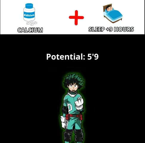 The cover image is a vertically oriented graphic with a black background. At the top, there is a horizontal arrangement of three elements: a white bottle labeled calcium, a red plus sign, and an illustration of a person sleeping in a bed. Below these, the words 'Potential: 5'9' appears in white text and below this is an illustration of Deku from My Hero Academia. He is wearing a green and white superhero suit and is giving a thumbs, he appears to be glowing green around his person.