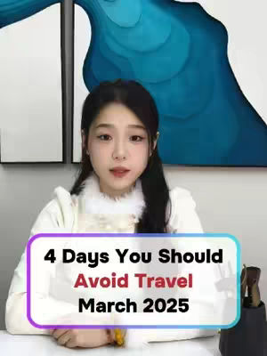A young woman with long black hair, wearing a white jacket with a fluffy collar. A text overlay in a rounded rectangle states, "4 Days You Should Avoid Travel March 2025". The background features abstract wall art with white and blue shapes.