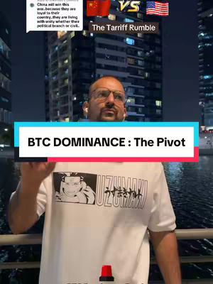 The cover image shows a man in a white t-shirt with an anime-style design at the bottom. He is outside at night in what appears to be a city with bright lights in the background, and he is facing the viewer. A text overlay declares "BTC DOMINANCE: The Pivot". Additional text on a banner references a "Tariff Rumble" above the flags of China and the United States. A comment about China is also visible.