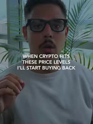 A man with dark hair, glasses, and a mustache is centered in the frame. The background shows a blurred indoor setting with a plant. Text overlayed near the bottom reads about buying back crypto.