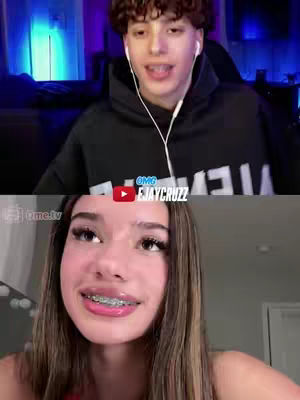 The cover image is split into two sections vertically. The top half features a young man with curly hair, wearing a black hoodie and white earphones, against a blurred background. The bottom half shows a young woman, with long brown hair and braces on her teeth. Behind her is a bright window or wall. A YouTube logo is visible with the text 'EJAYCRUZZ'.