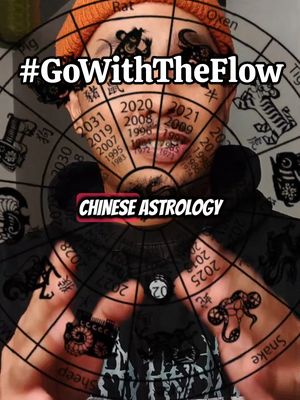The image shows a person with an orange beanie, the face is central, and there is a Chinese astrology wheel overlaid. There are numbers and animal symbols. The text overlay shows the title Chinese Astrology and #GoWithTheFlow.