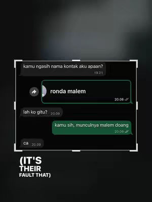 The cover image shows a dark background with a screenshot of a chat conversation. The chat bubbles display Indonesian text, and overlayed in white letters at the bottom is '(IT'S THEIR FAULT THAT)'. The screenshot shows an exchange where one person has labeled the other's contact as 'ronda malem'.