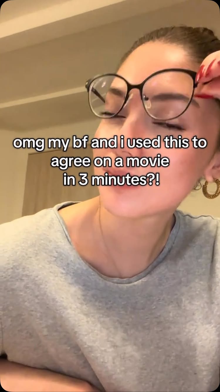 The cover image shows a selfie of a woman with glasses, looking slightly to the side. Text overlaid on the image reads: 'omg my bf and i used this to agree on a movie in 3 minutes?!'
