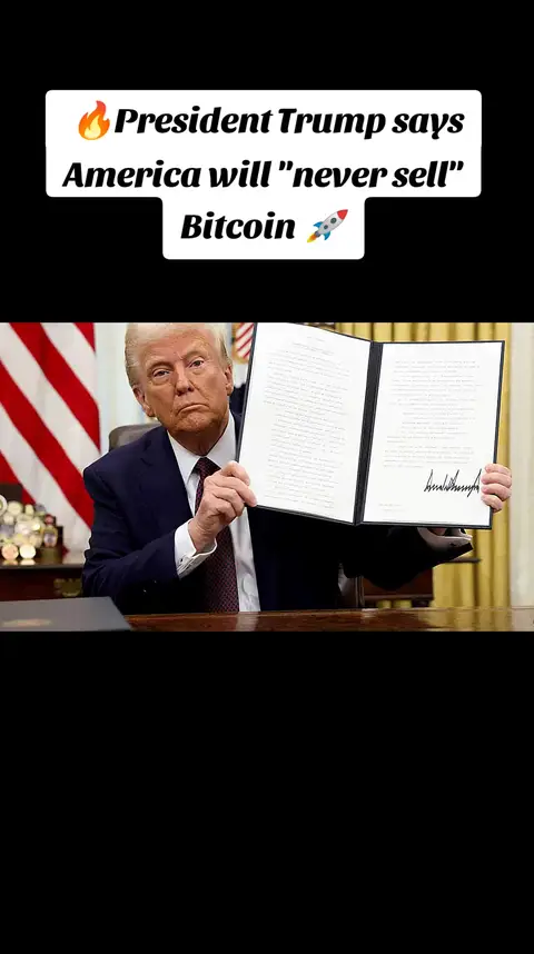 The cover image features former President Donald Trump holding up a document. Above him, a text overlay states a headline about Bitcoin.