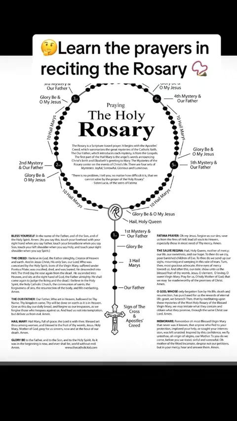 The cover image is a detailed infographic explaining the Holy Rosary. It is centered around a circular diagram showing the sequence of prayers, mysteries, and key components such as the Apostles' Creed, Our Father, Hail Mary, and Glory Be prayers. Text is arranged around the circle, guiding the reader through the prayer sequence. The background is white, and the layout is clean, making the image easy to follow.