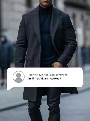 A man in a dark overcoat and turtleneck walks on a blurred city street. A comment bubble with user reply is overlaid on his profile.
