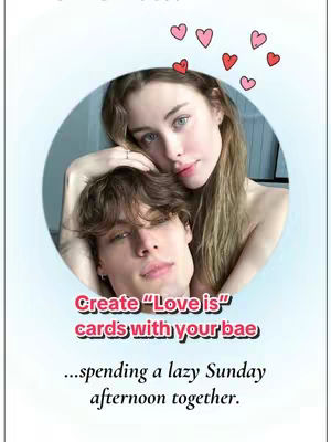 The image presents a vertical composition featuring a circular frame in the center. Inside this frame, a couple is embracing close to each other. The woman is on top, holding the man around the neck. Text overlays are present. Above the circle, there are some heart shape icons. The background has a gradient from light blue to white.
