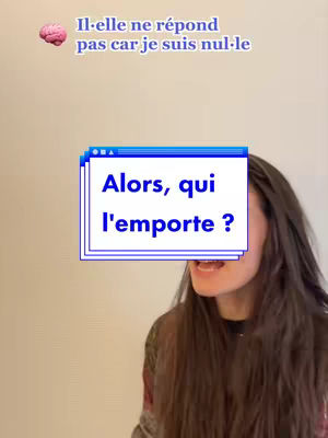 A woman with long dark hair is shown from the chest up, slightly angled to the left, against a light background. A rectangular text overlay covers her face, and above, to the left, is a brain icon with text. The overall composition is a selfie-style shot with a focus on the text overlay.