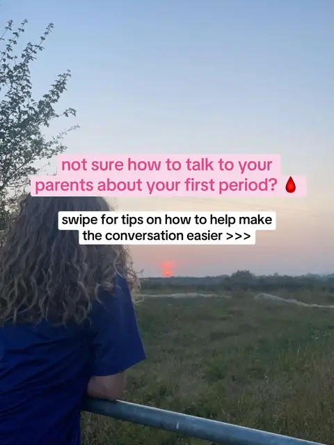 A person with curly hair is seen from behind, looking at a sunset over a field. Text overlays on the image address topics about periods. The overall composition is a vertical shot, with a focus on natural scenery and text overlays.