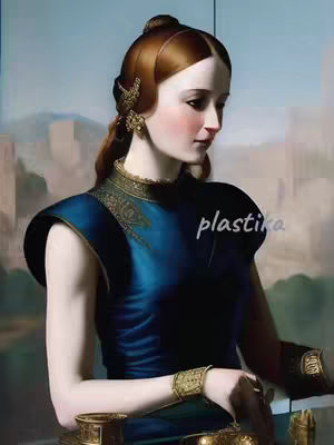 An AI-generated image of a woman in a bluish-green dress with gold accessories, looking away to her side. The background is a blurred landscape which gives the image a classic, almost Renaissance-style feel. The image is well-lit with soft lighting. The text 'plastika' is watermarked on the image in the bottom right corner.