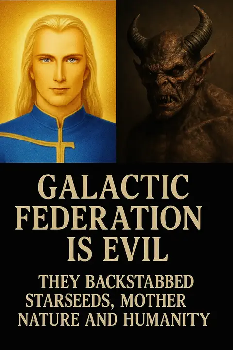 The image is a split composition. On the left, there's a fair-skinned, long-haired figure in blue and gold clothing with a glowing halo, reminiscent of an angel. On the right, a demonic figure with red skin, horns, and fangs is shown. Below, in bold, white text on a black background, reads "GALACTIC FEDERATION IS EVIL." Beneath this, additional text states, "THEY BACKSTABBED STARSEEDS, MOTHER NATURE AND HUMANITY."