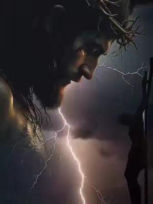 A dramatic digital artwork depicting Jesus Christ, wearing a crown of thorns and looking downward with a sorrowful expression, against a stormy backdrop with lightning. To the right is a silhouette of a crucifix.