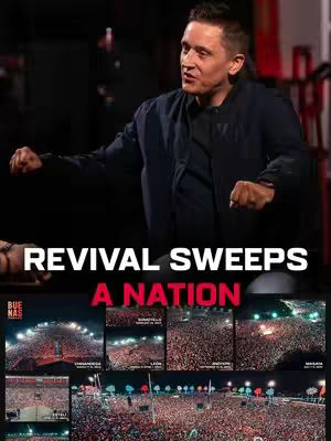 A man in a dark jacket is gesturing with his fists in front of a black background. Below him is overlaid text that reads 'REVIVAL SWEEPS A NATION' in white and red stylized fonts. Below this, there is a collage of photos showing a crowd of people at a large event.