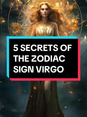 The image shows a celestial-themed graphic with a woman as the central figure. She is fair-skinned with long, flowing auburn hair. She wears a golden, ornate dress and is positioned in front of a dark background, with glowing golden lights around. An overlaid rectangular graphic at the bottom carries the text '5 SECRETS OF THE ZODIAC SIGN VIRGO.' The overall composition is designed to catch the eye and align with content related to astrology.