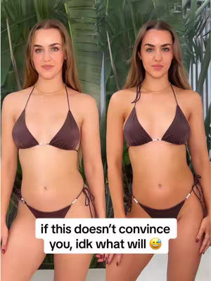 The image presents a split comparison. On the left side, a woman in a brown bikini has a natural skin tone. On the right side, the same woman appears with a tanned complexion, showcasing the effect of a tanning product. The background has green foliage.