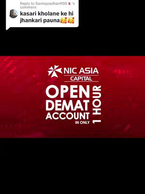 A red graphic with white text promoting NIC ASIA Capital. The NIC ASIA CAPITAL logo is at the top. Below it is the text "OPEN DEMAT ACCOUNT" in large, bold letters, followed by "IN ONLY 1 HOUR". The background is a gradient red with a subtle, blurred pattern.