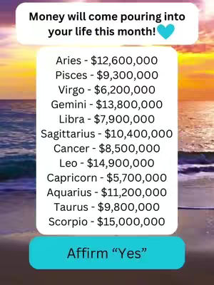 The cover image shows a sunset over a beach, with text overlays in a white rounded rectangle. The top text bubble says 'Money will come pouring into your life this month!' with a blue heart beside it. A list of zodiac signs with corresponding dollar amounts appears below it, and a bottom text bubble says 'Affirm 'Yes''.