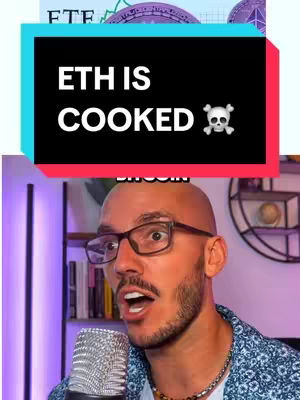 The cover image features a man with glasses and a surprised expression, set against a background of a stock market graph and a shelf. A text overlay reads 'ETH IS COOKED' with a skull and crossbones.