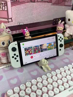 The cover image features a white Nintendo Switch console resting on a surface patterned with hearts, alongside a white keyboard. Other objects like plushies and figurines are also placed around the console on the surface.