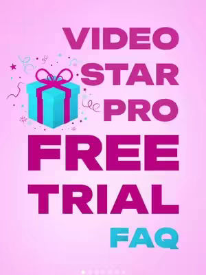 A vibrant pink background with a central block of text promoting a Video Star Pro free trial. A turquoise gift box with a pink ribbon sits above the text 'FREE TRIAL'. Additional text elements spell out 'VIDEO STAR PRO' above and 'FAQ' below. Decorative confetti and stars surround the gift box. The overall layout is designed to be eye-catching and informative.
