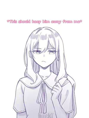 A simple line drawing of a young woman. She has long, flowing hair and is wearing what appears to be a collared shirt with a tie. Her expression is one of slight annoyance or disapproval, and she is holding the fabric of her shirt near her neck. Above her is overlaid text in a soft pink color.