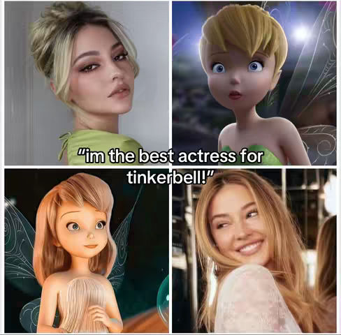 The cover image is a collage of four panels arranged in a square. The top left panel features a woman with blonde hair styled in an updo, wearing a light green top. The top right panel shows a cartoon Tinkerbell character with blonde hair, green dress, and wings. The bottom left panel depicts a different cartoon rendering of Tinkerbell. The bottom right panel shows the same woman from the top left panel smiling with her blonde hair down. Overlaid across two of the panels is the text 'Im the best actress for tinkerbell!'.