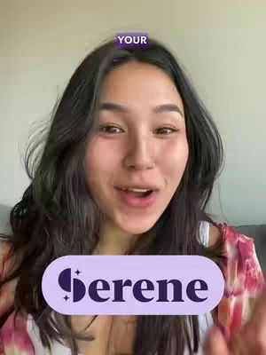 A woman with long, dark hair is centered in the frame, engaging directly with the viewer. She has clear skin and a gentle expression. Overlaid are two text elements: a purple rectangle at the bottom with the app name Serene in white, and a smaller purple rectangle with the word 'YOUR' at the top.