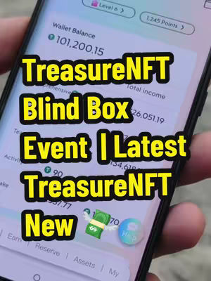 The cover image displays a smartphone screen featuring an app interface with a wallet balance, along with overlaid text in a vibrant yellow font announcing a "TreasureNFT Blind Box Event." Additional elements include a floating money bag with wings and a help icon.