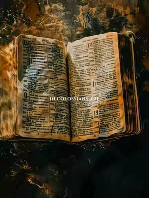 A partially submerged, antique-looking open book is the central focus of the image. The book, with aged, textured pages, displays text with visible chapter numbers. Overlaying the book is the text 'IN COLOSSIANS 3:21'. The background is dark, with indistinct shapes and colors, creating a blurred effect. The overall composition gives a sense of age, mystery, and spirituality.