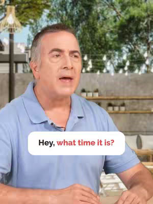 The cover image features a middle-aged man in a blue polo shirt. He is looking slightly upwards, with a blurred outdoor background. A white rectangular text box is in front of him, displaying casual English text.