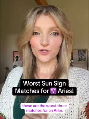 A woman with blonde hair is centered, looking at the camera. Overlaid text on a black rectangle reads, "Worst Sun Sign Matches for Aries!" Another text box below says, "these are the worst three matches for an Aries"