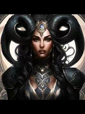 An AI-generated digital illustration features a woman with dark hair who is the central figure. She is depicted from the chest up, with her gaze directed towards the viewer. She wears a decorative headdress and a detailed, ornate top. Large, curved horns or projections frame her face, amplifying the dramatic effect.