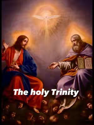 A religious painting depicting the Holy Trinity. Jesus is on the left in a red and blue robe, a dove shining from above, and another cloaked figure on the right.