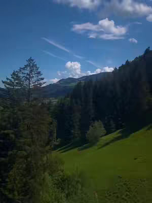 A scenic landscape with a lush green valley, dense forest, and mountains under a blue sky with scattered clouds.