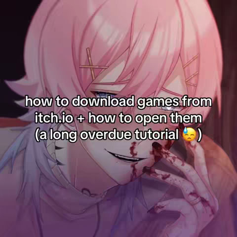 A stylized anime-style character with pink hair and facial features suggestive of blood, overlaid with white text on a pink background. The character's hand is brought up to their face, also stained with red.