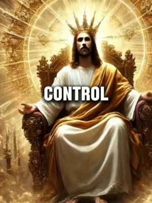 The image depicts Jesus seated on an ornate throne, radiating light in a heavenly setting. The word 'CONTROL' is visibly overlaid across the image. The background suggests a celestial environment with golden hues.