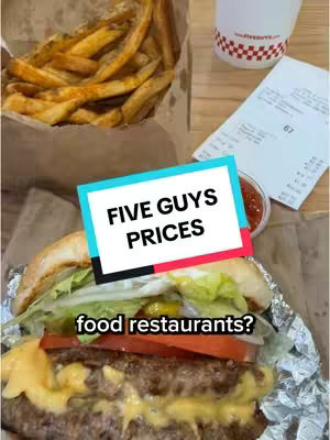 The cover image shows a close-up shot of a Five Guys burger and fries. A sign that says, “Five Guys Prices” is overlaid on the burger, with the question “food restaurants?” at the bottom. The burger is in a silver wrapper. A cup of Five Guys drink and receipt are in the background.