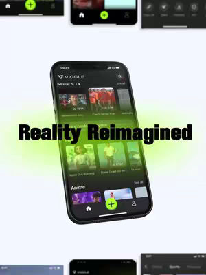 The cover image showcases a smartphone displaying the Viggle app interface. The phone is black, and the app's interface is predominantly dark, with various thumbnail images of videos. Prominently, the overlaid text "Reality Reimagined" appears in bold, black text. Bright green elements highlight sections of the interface. Additional app screens are blurred in the background.