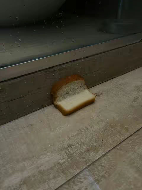 A slice of bread, cut roughly, resting on a wooden surface, with the corner of what appears to be a shower or glass panel in the background.
