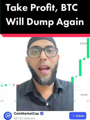 The cover image features a man with a beard and glasses speaking. Text overlays say, "Take Profit, BTC Will Dump Again." A chart of Bitcoin's value is visible in the background.
