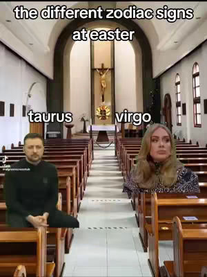 An interior shot of a church with rows of pews leading to an altar. Visible are two seated figures positioned in the foreground, an individual on the left and another to the right, representing 'Taurus' and 'Virgo' respectively. The content combines astrology with the setting of Easter festivities, visually linking astrological signs to the holiday ambiance.