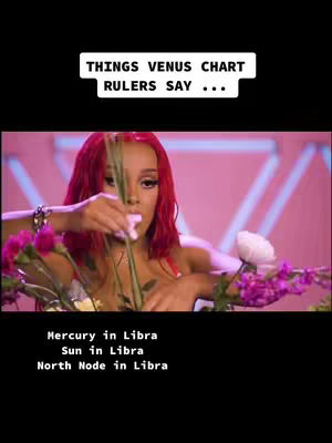 The cover image features Doja Cat partially submerged in water surrounded by flowers. She is holding a stem with white flowers while looking toward the camera. The top portion of the image has the text, 'THINGS VENUS CHART RULERS SAY...'. the bottom has text indicating mercury in libra, sun in libra, and north node in libra . The background is pink.