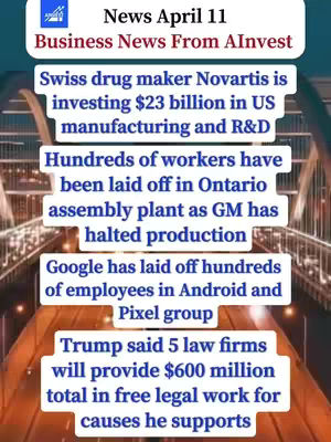 The image is a vertical graphic with a news layout. The background features a bokeh effect of lights. The top section has the title, "News April 11," and "Business News From AInvest". Below, there are several white rectangular boxes with the news content in black text. The text includes headlines about Novartis, GM, Google, and Trump.