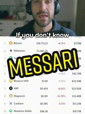The cover image presents a man in a black jacket and a headset speaking directly to the camera, in front of a blurred background, partially obscured by a superimposed cryptocurrency price list featuring the Messari logo.