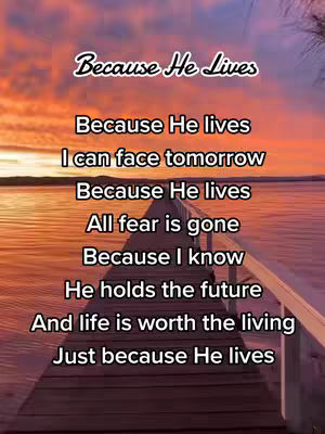 A serene photo captures a wooden pier extending out over calm water, bathed in the warm hues of a sunset. The sky transitions from a bright orange to a deep purple. Text overlays detail a religious message.
