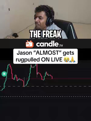 The cover image shows a man in front of a computer monitor with a graph and text overlays. At the top is a person in a headset looking down, with the words 'THE FREAK' in white text above a black rectangle. Below, a white box contains the text 'Jason "ALMOST" gets rugpulled ON LIVE π', with an image of a graph that shows a crypto trending downward.